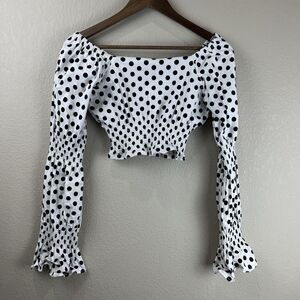 Blue Blush Crop Top Women Medium Bell Sleeve White‎ Black Polka Dot Trendy